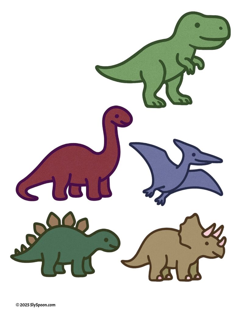 Dinosaur -themed sensory bin with free printable "Dino Menu" Card and Order Cards, including dino figures, yarn grass, pom pom water, and Dollar Tree supplies.