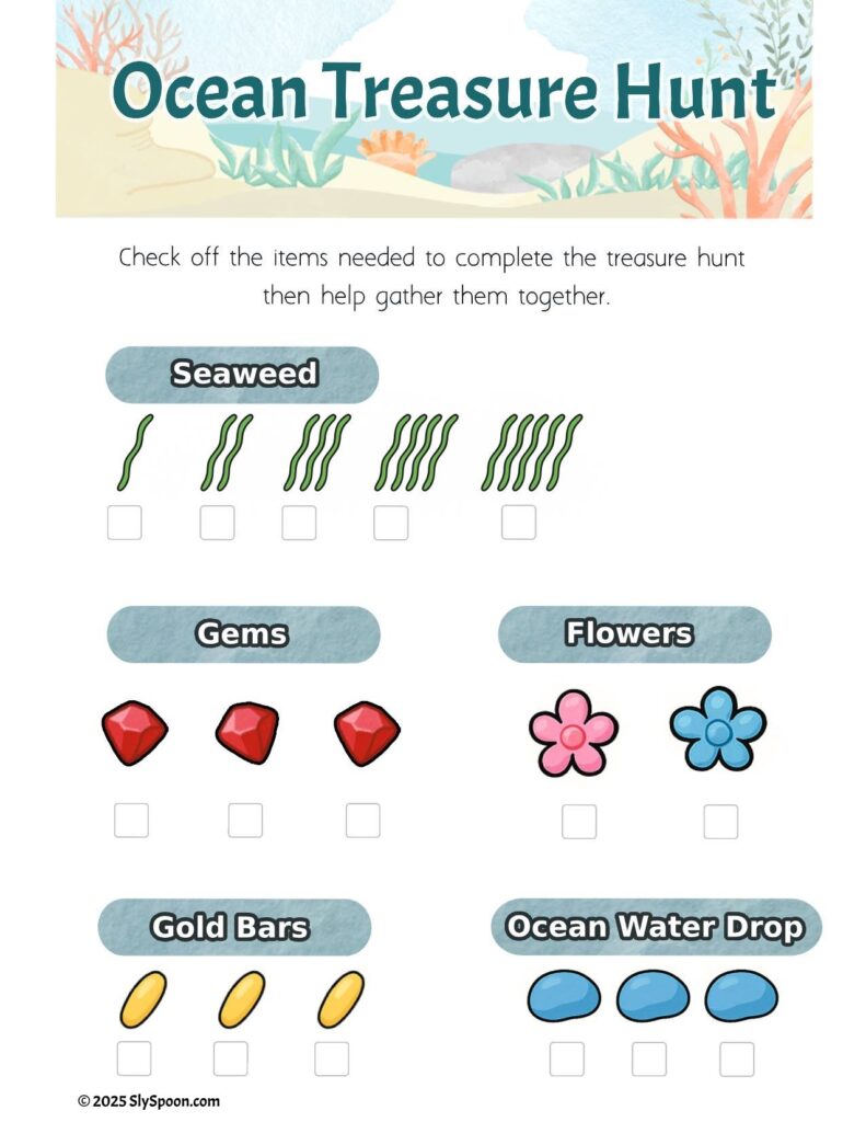 Ocean-themed sensory bin with free printable menu and order cards, including sea figurines, green yarn seaweed, flower gems, and Dollar Tree supplies.