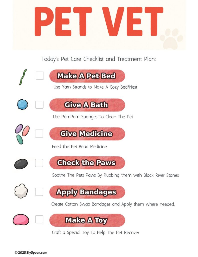 Pet Vet -themed sensory bin with free printable "Pet Vet" Care Card and Treatment Plan Cards, including animal figures, yarn bedding, pom pom sponges, and Dollar Tree supplies.