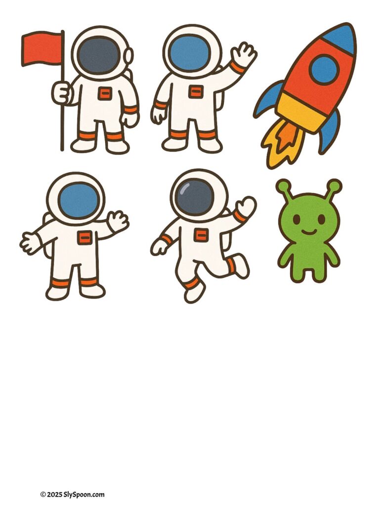 Space-themed sensory bin with free printable "Build a Planet" menu and idea cards, including astronaut figures, blue river beads, volcano gems, and Dollar Tree supplies.