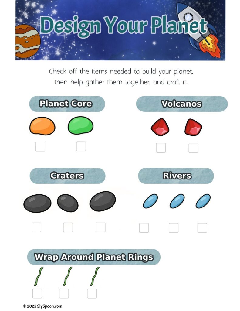 Space-themed sensory bin with free printable "Build a Planet" menu and idea cards, including astronaut figures, blue river beads, volcano gems, and Dollar Tree supplies.