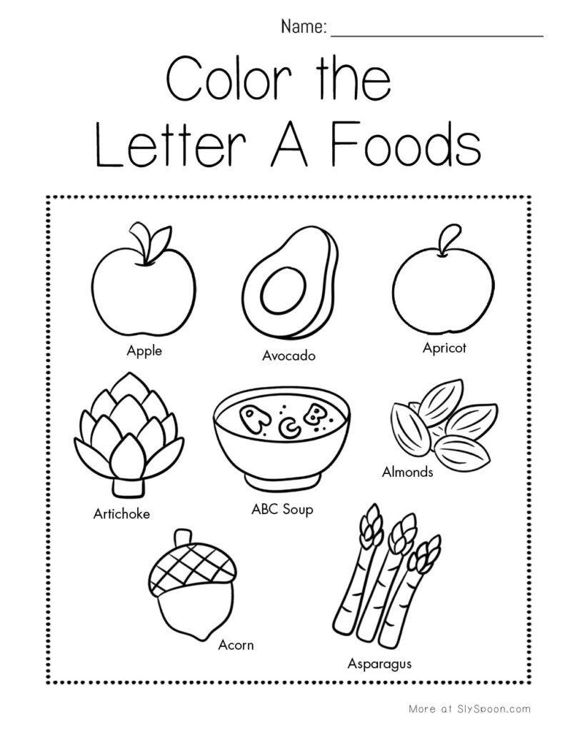 Color the Letter A foods – preschool worksheet with apple, avocado, and more labeled foods to color Description: