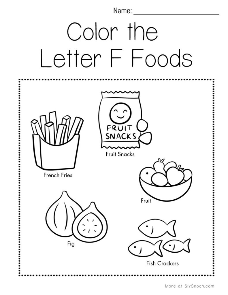 Color the Letter F foods – preschool worksheet with French fries, fig, and fudge