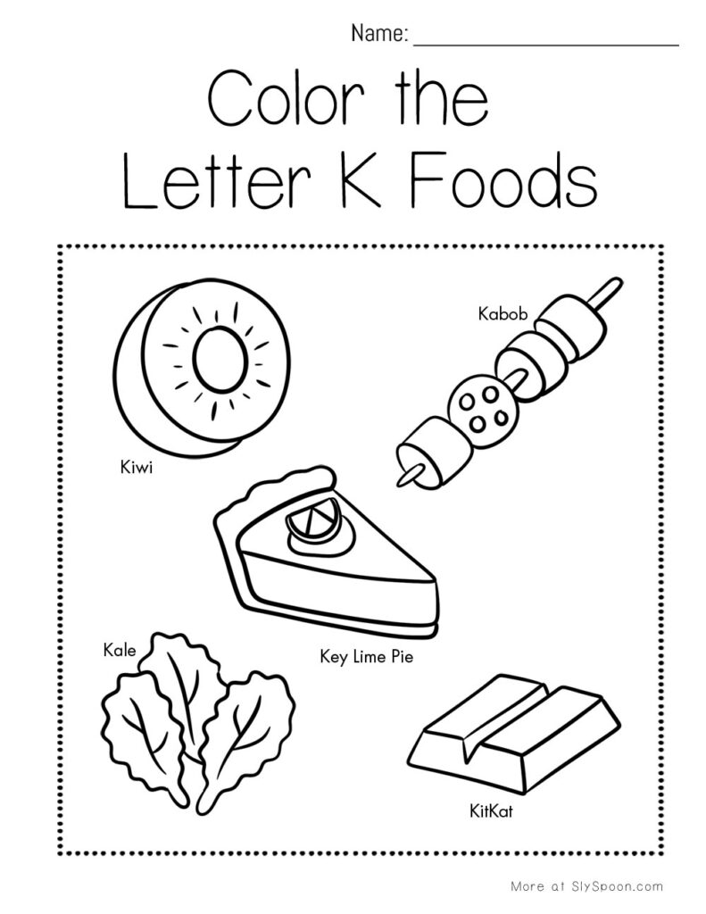 Color the Letter K foods – preschool coloring worksheet with kettle corn, kiwi, ketchup, kabobs and more