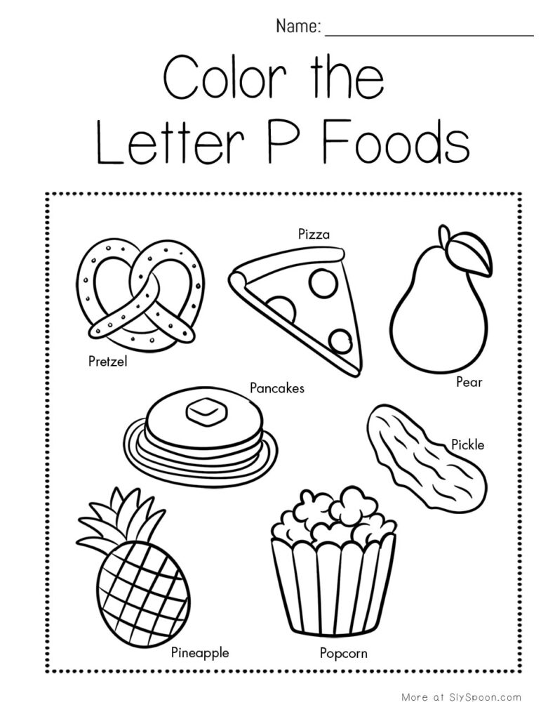 Color the Letter P foods – preschool worksheet with labeled popcorn, pie, pickles, pears, and more