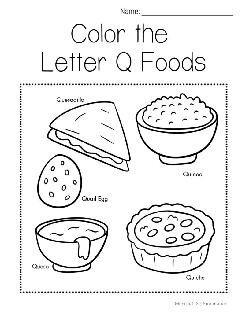 Color the Letter Q foods – preschool worksheet with labeled quiche, quinoa, queso, and quick bread