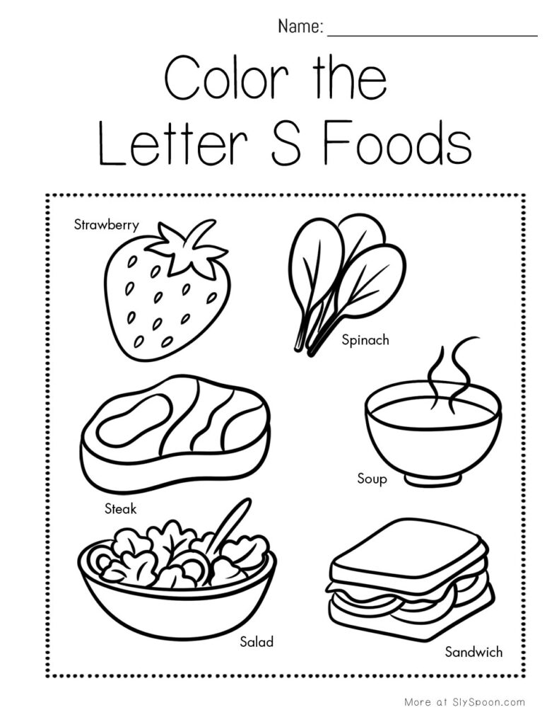 Color the Letter S foods – preschool worksheet with labeled strawberries, s’mores, sausage, soup, and spinach