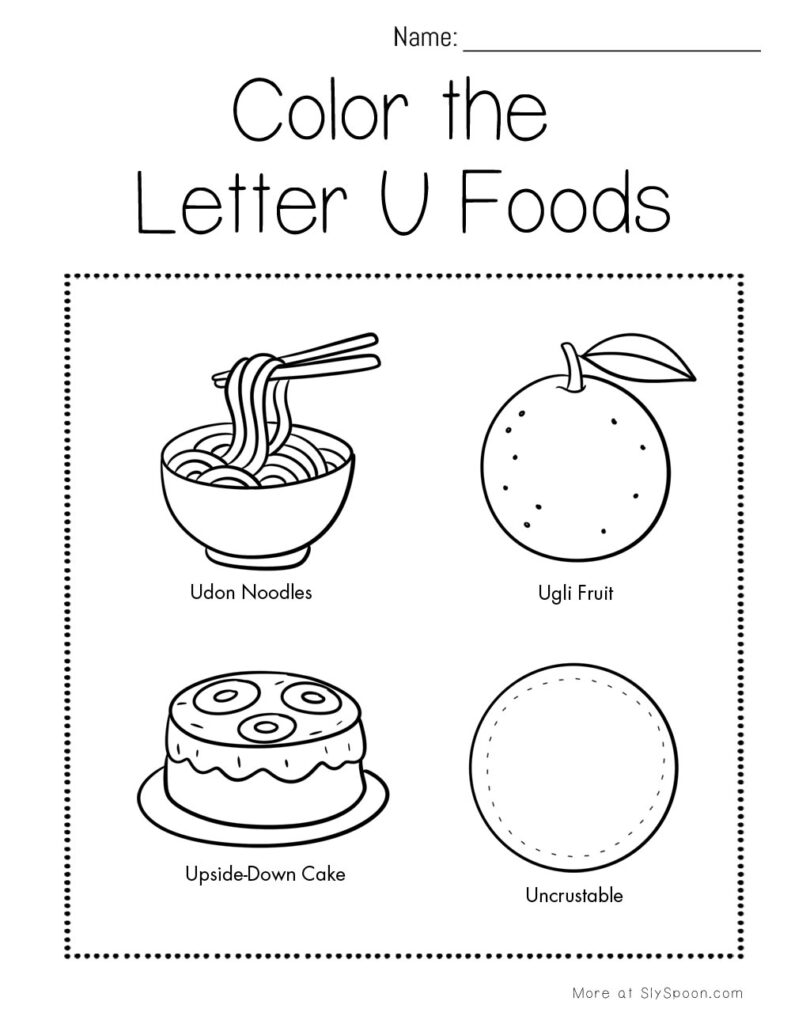 Color the Letter U foods – preschool worksheet with labeled ugli fruit, udon noodles, upside-down cake, and more