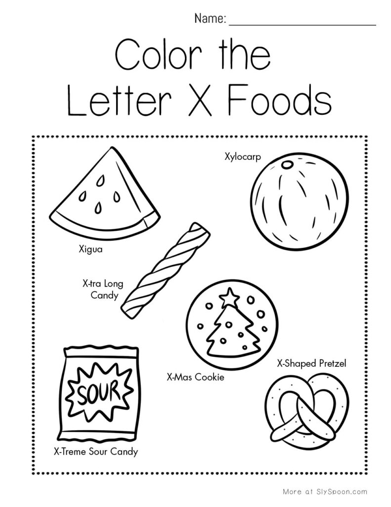 Color the Letter X foods – silly preschool coloring page with xigua, x-mas cookie, x-ray cracker and more