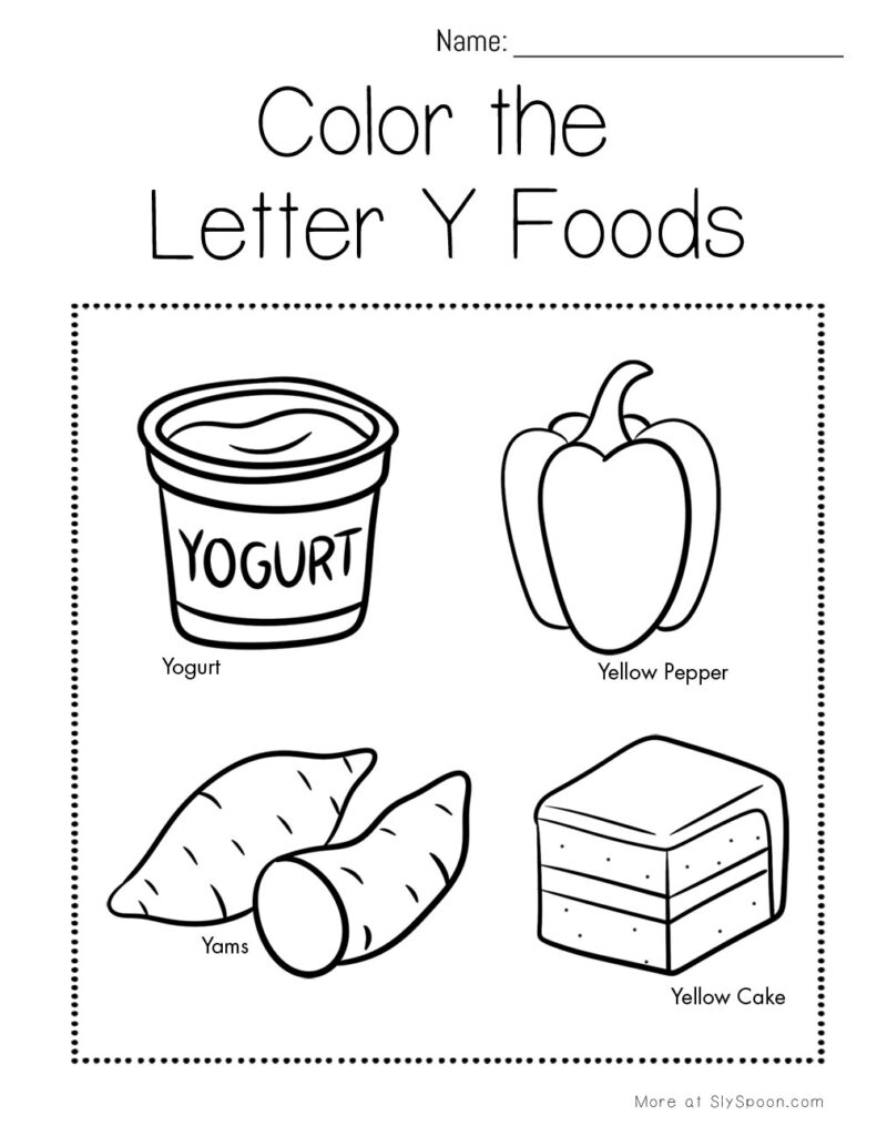 Color the Letter Y foods – preschool coloring worksheet with yellow pepper, yogurt, and more