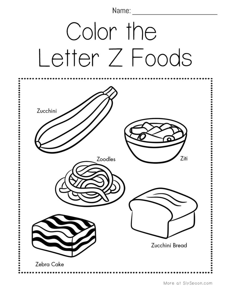 Color the Letter Z foods – preschool coloring worksheet with zebra cake, zucchini, and more