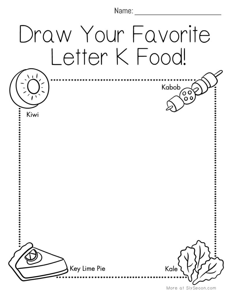 Draw your favorite Letter K food – preschool worksheet with ketchup, kiwi, and kabob prompts