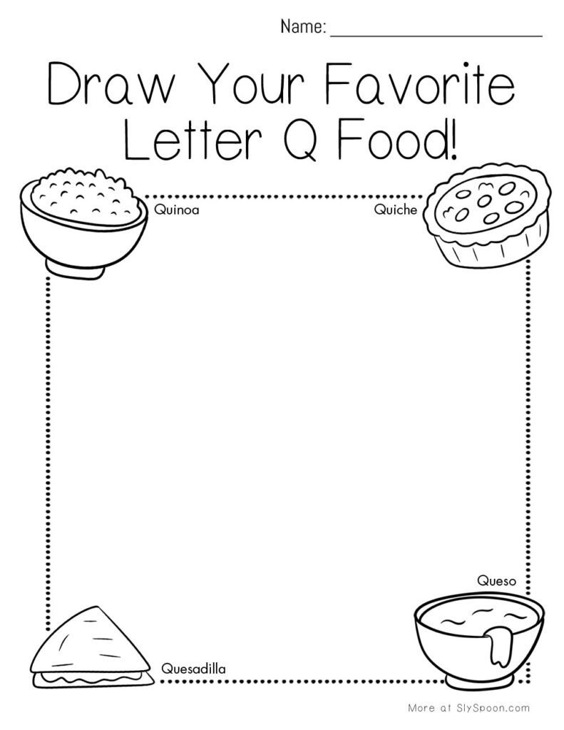 Draw your favorite Letter Q food – preschool worksheet with quesadilla, quiche, and quinoa illustrations