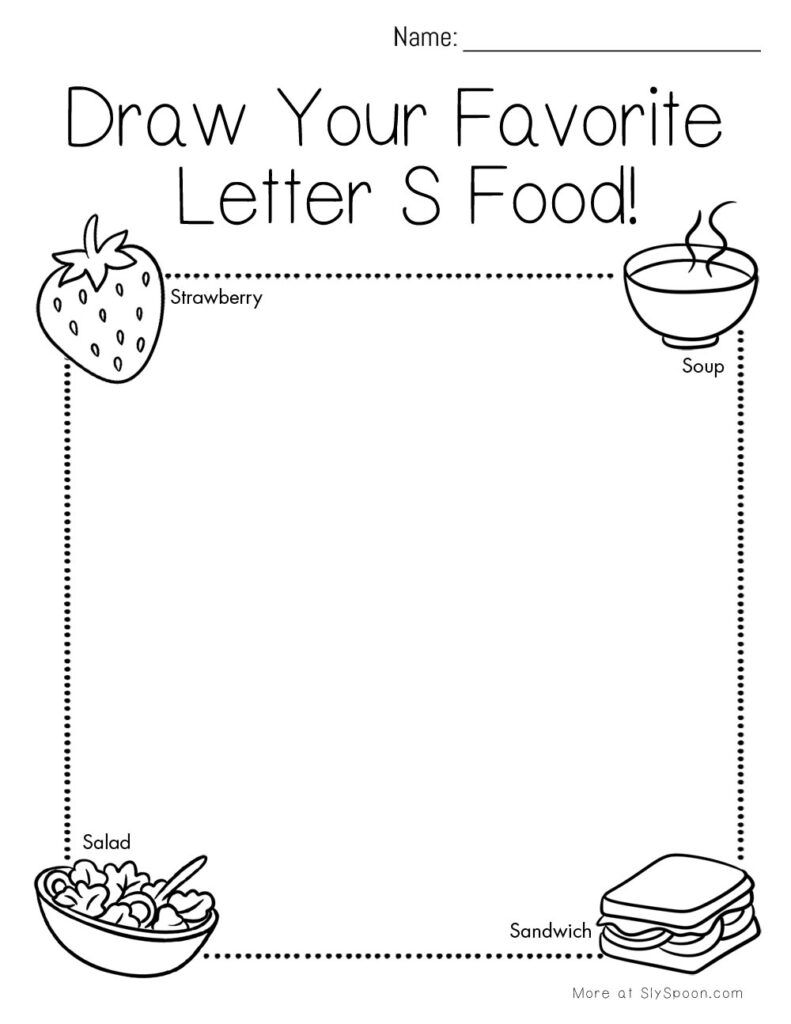 Draw your favorite Letter S food – preschool worksheet with spaghetti, strawberries, and sausage illustrations