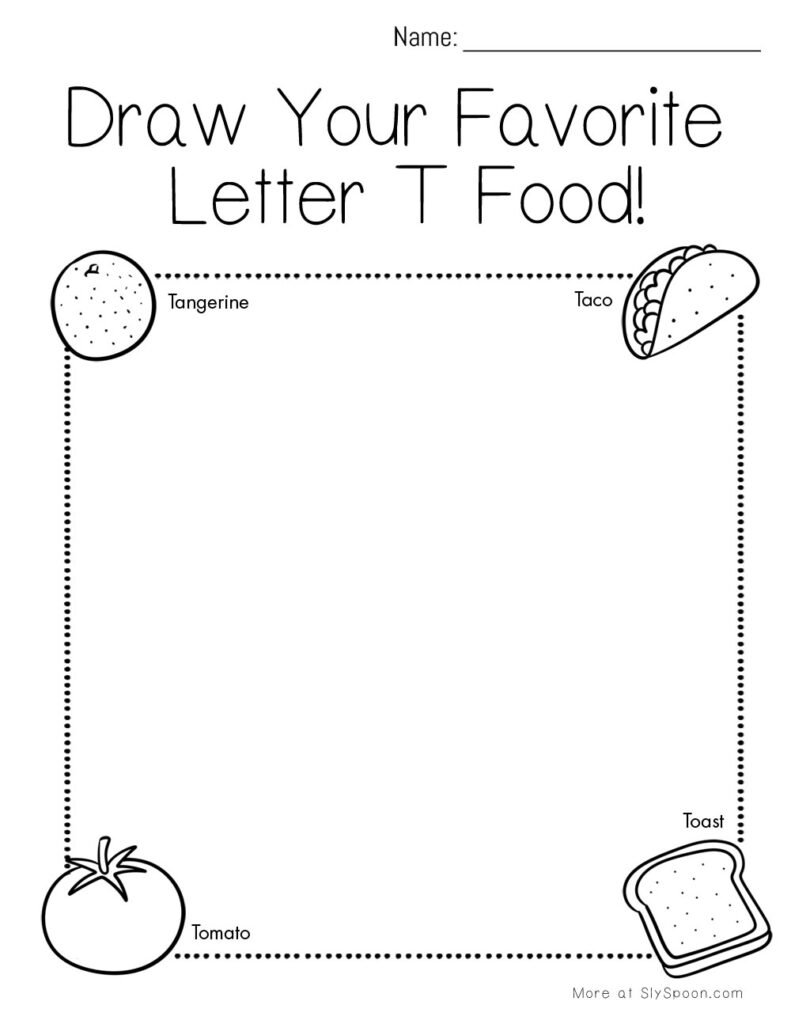 Draw your favorite Letter T food – preschool worksheet with taco, toast, tomato, and tater tot illustrations