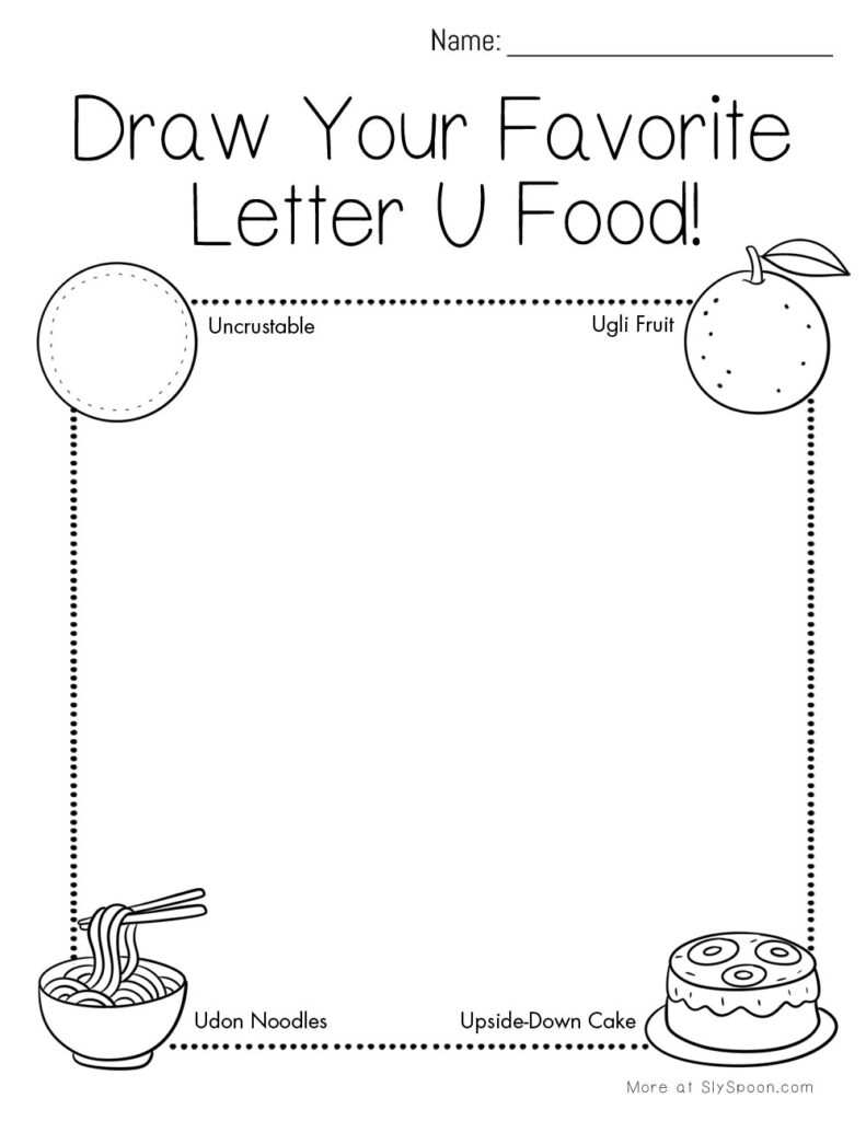 Draw your favorite Letter U food – preschool worksheet with udon, ugli fruit, and Uncrustables illustrations