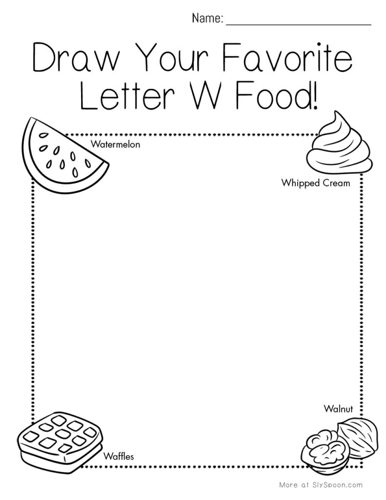 Draw your favorite Letter W food – preschool worksheet with visual prompts like waffles and watermelon