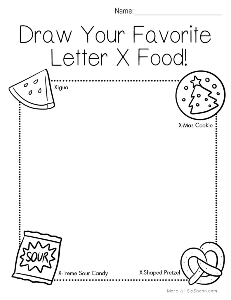 Draw your favorite Letter X food – preschool worksheet with silly X-themed snack prompts