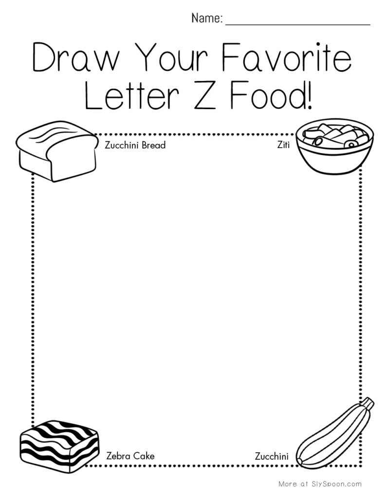 Draw your favorite Letter Z food – preschool worksheet with food prompts like ziti, zucchini, and zebra cakes
