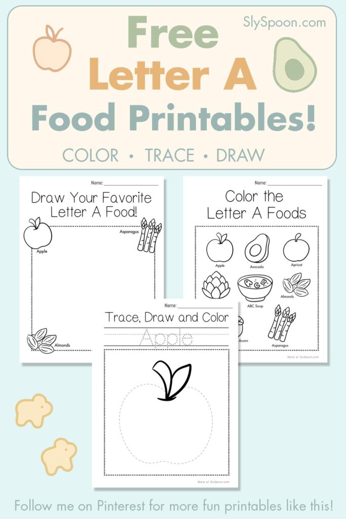 Free Letter A food printables for preschool – color, trace, and draw activities with apple and snack illustrations