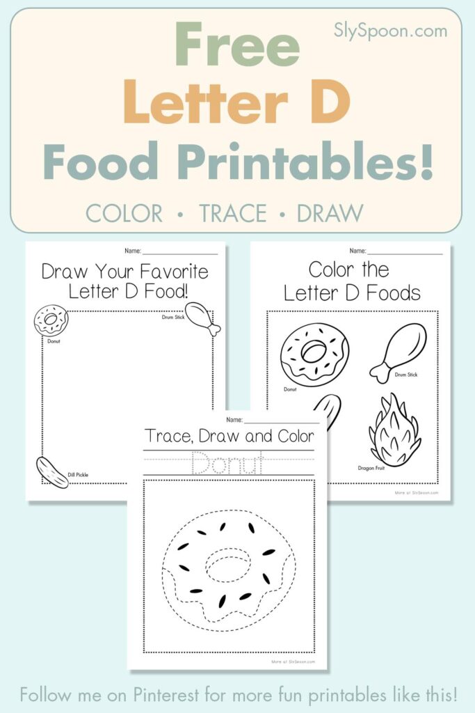 Free Letter D food printables for preschool – color, trace, and draw activities with donut and drumstick illustrations
