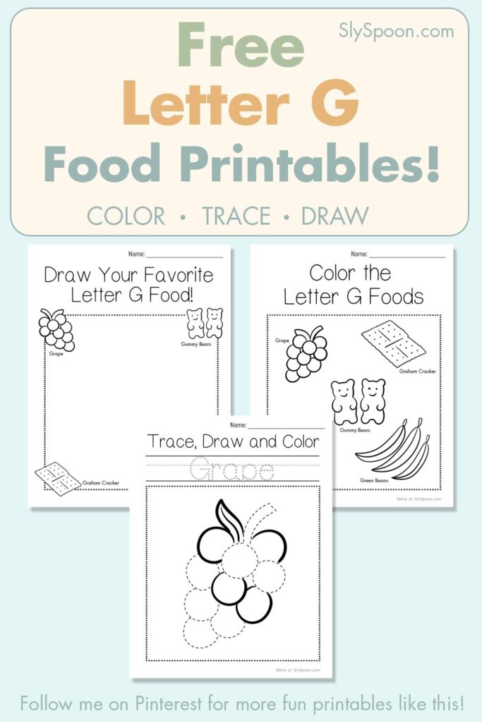 Free Letter G food printables for preschool – color, trace, and draw activities with grapes and granola illustrations
