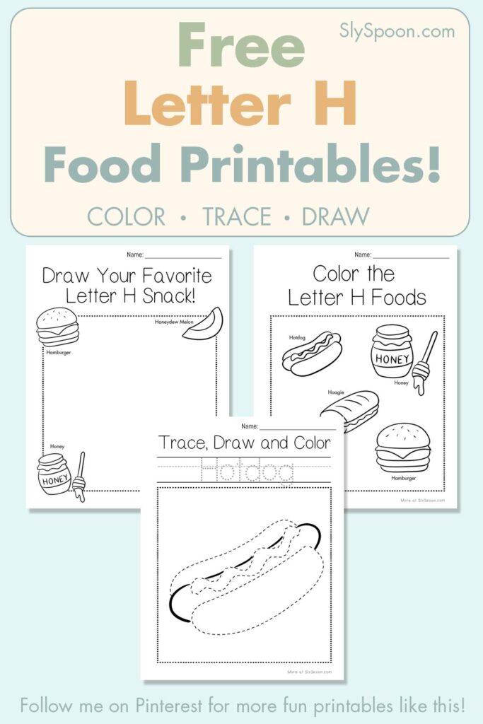 Free Letter H food printables for preschool – color, trace, and draw activities with hotdog and honey illustrations