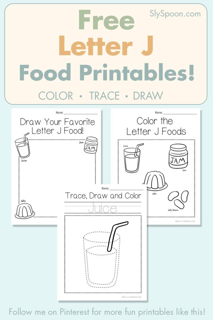 Free Letter J food printables for preschool – color, trace, and draw activities with jelly and jalapeño illustrations