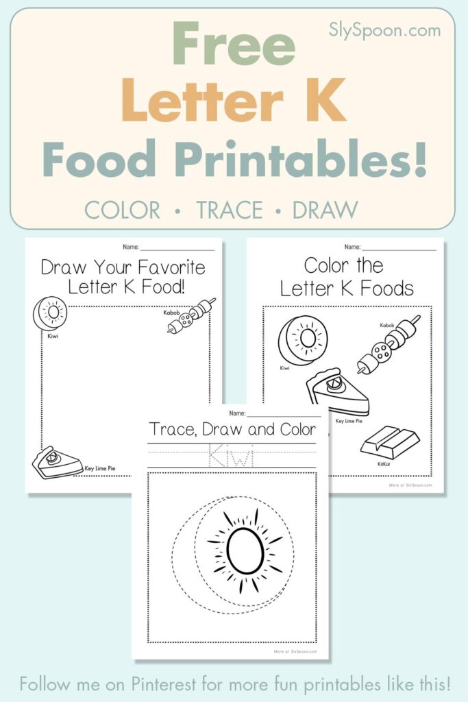 Free Letter K food printables for preschool – color, trace, and draw activities with kiwi and ketchup illustrations