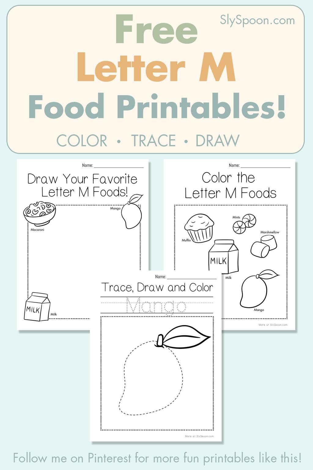 Free Letter M food printables for preschool – color, trace, and draw activities with muffins, milk, and macaroni