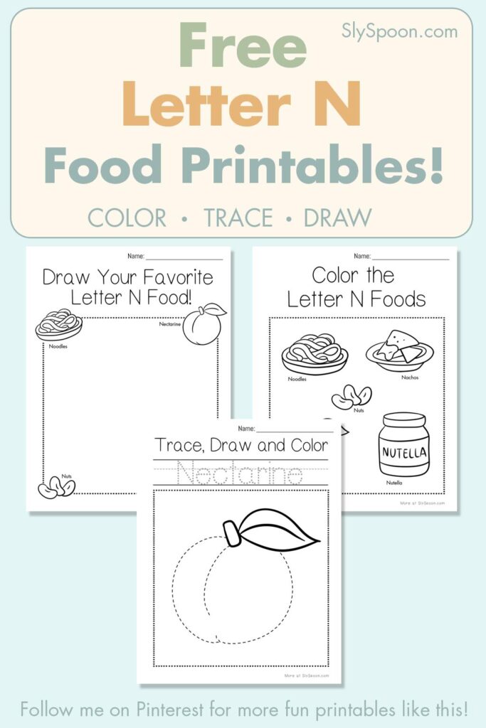 Free Letter N food printables for preschool – color, trace, and draw activities with nut and noodles illustrations