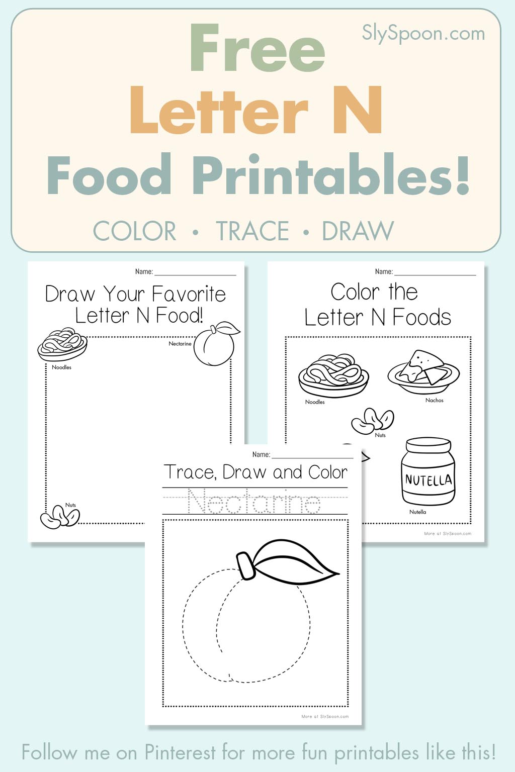 Free Letter N food printables for preschool – color, trace, and draw activities with noodles, nuts, and nuggets