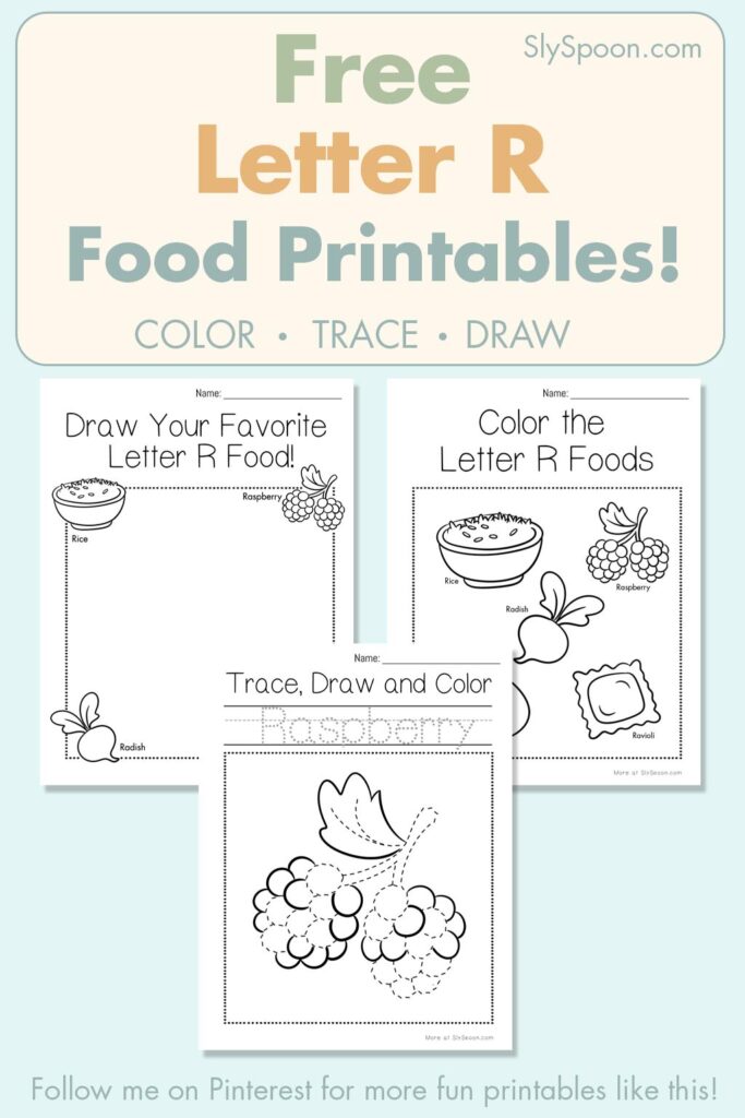 Free Letter R food printables for preschool – color, trace, and draw activities with raspberry and rice illustrations