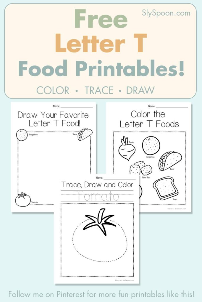 Free Letter T food printables for preschool – color, trace, and draw activities with tomato and toast illustrations
