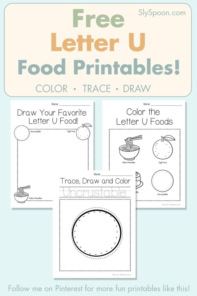 Free Letter U food printables for preschool – color, trace, and draw activities with udon and unicorn marshmallow illustrations