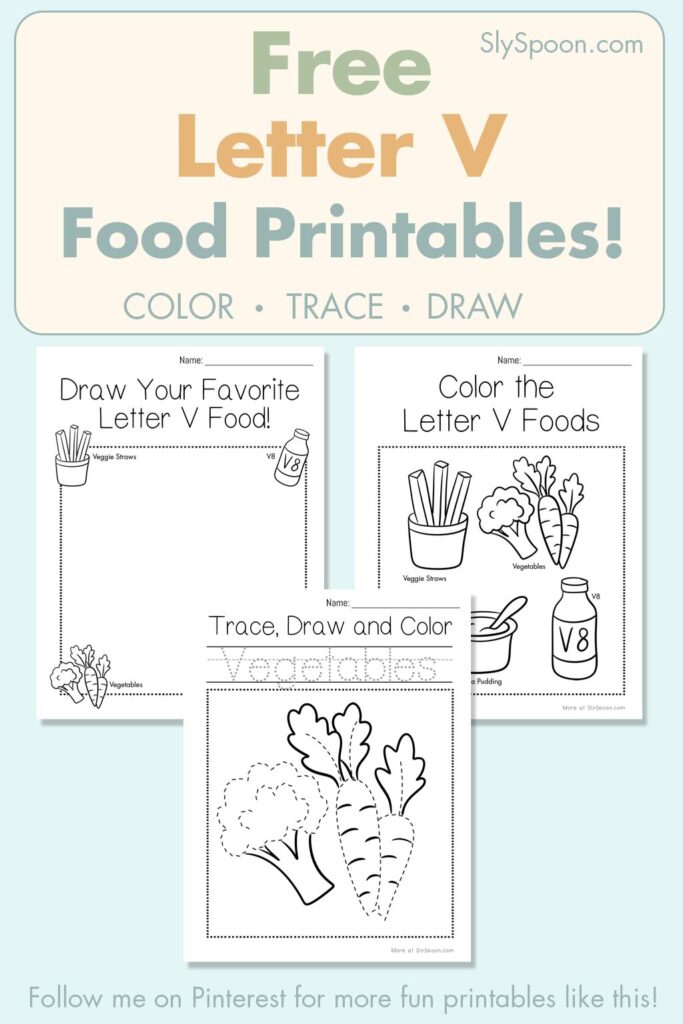 Free Letter V food printables for preschool – color, trace, and draw activities with veggie straws and vanilla illustrations