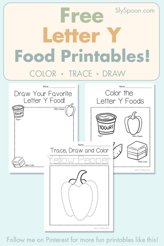 Free Letter Y food printables for preschool – color, trace, and draw activities with yogurt and yellow cake illustrations