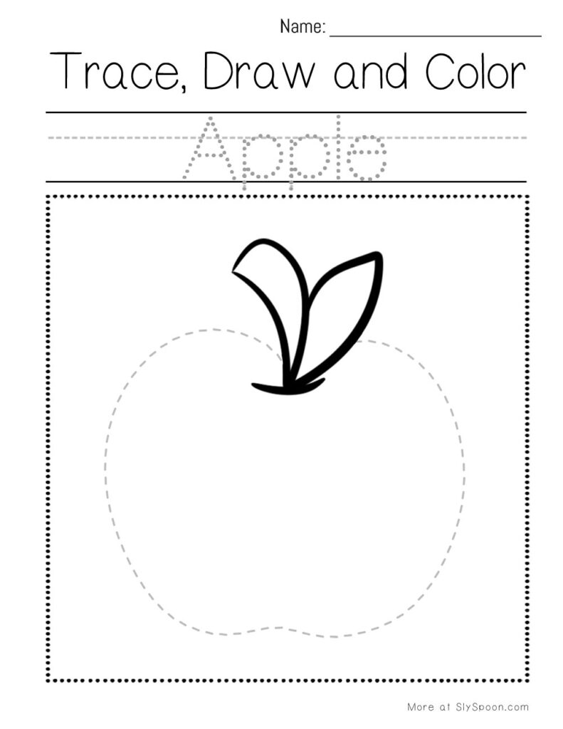 Trace, draw, and color an apple – preschool pencil control worksheet