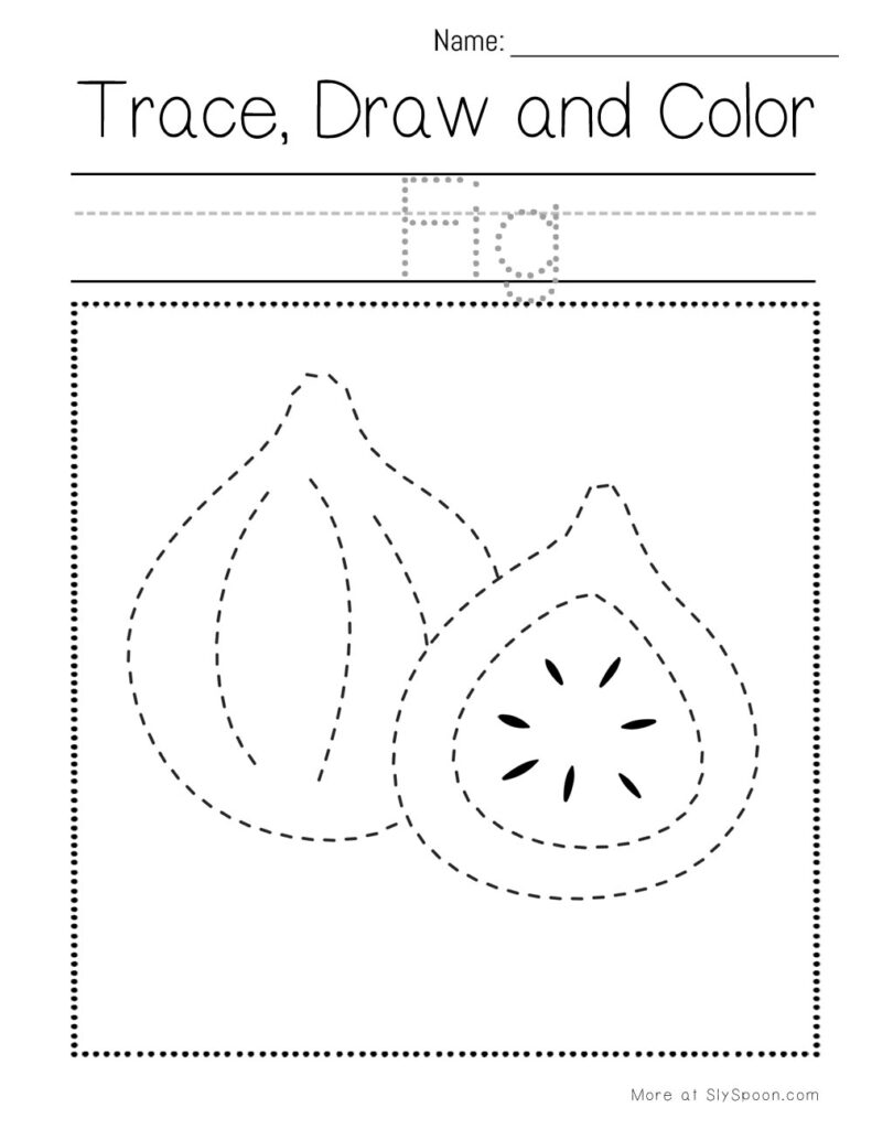 Trace, draw, and color a fig – preschool pencil control worksheet for Letter F