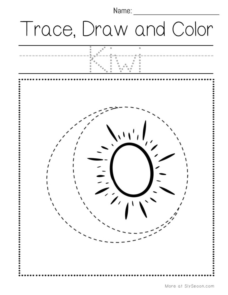 Trace, draw, and color a kiwi – preschool pencil control worksheet for fine motor practice