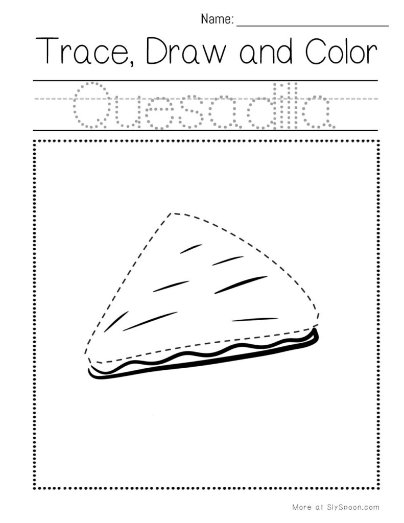 Trace, draw, and color quesadilla – preschool pencil control worksheet with food theme