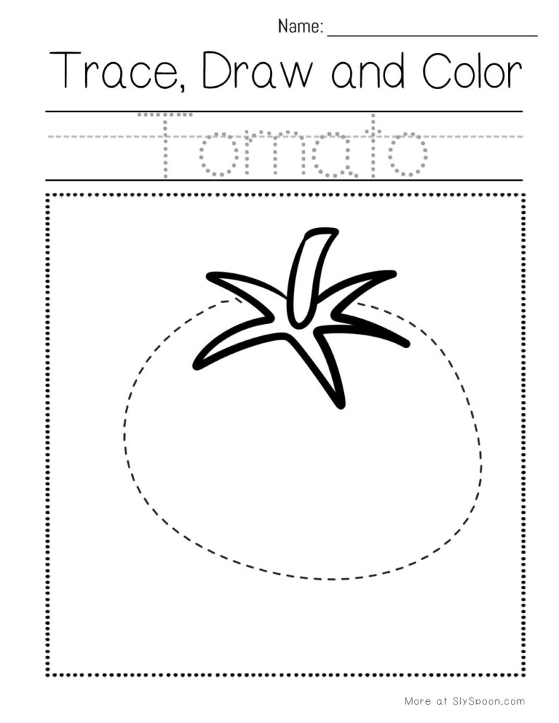 Trace, draw, and color a tomato – preschool pencil control worksheet for early learners