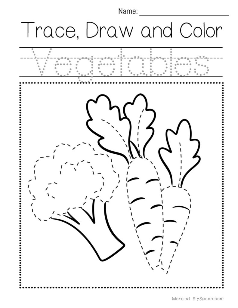 Trace, draw, and color vegetables – preschool pencil control worksheet for letter V food vocabulary