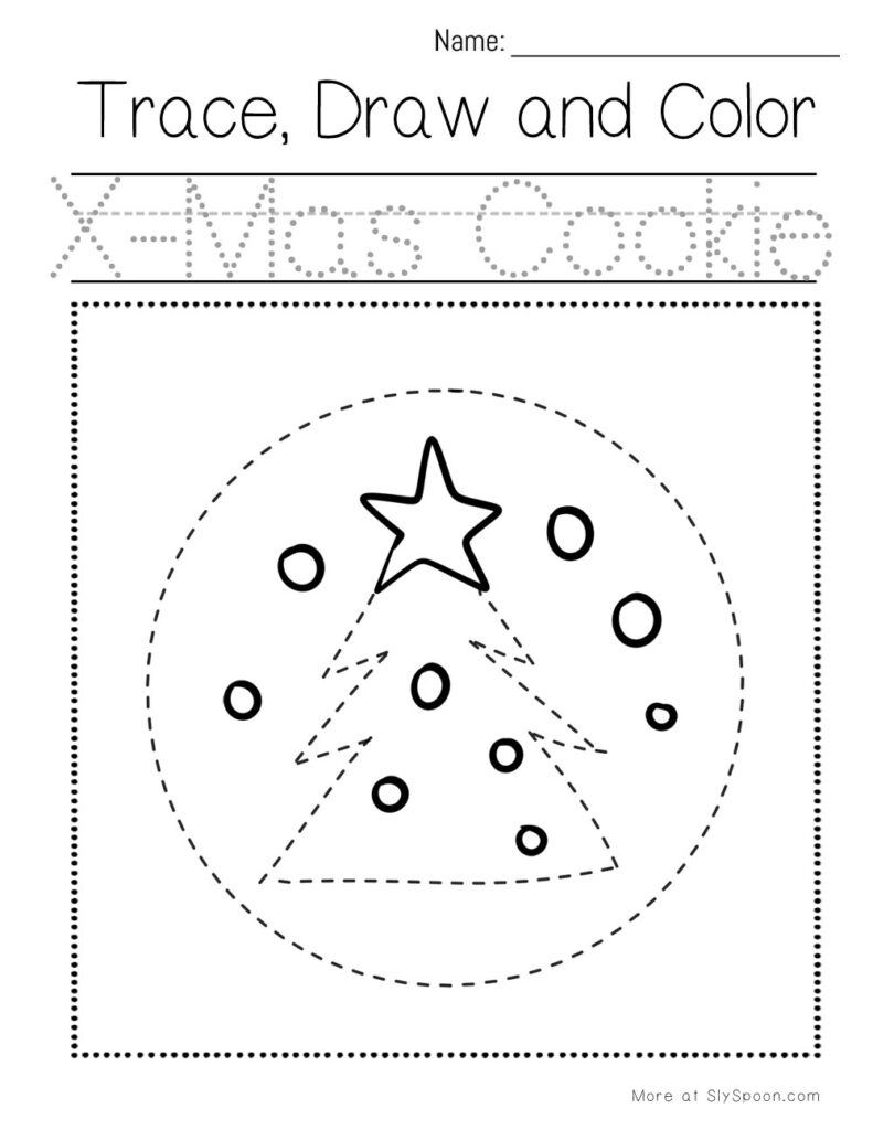 Trace, draw, and color a x-mas cookie – preschool pencil control worksheet with festive food theme