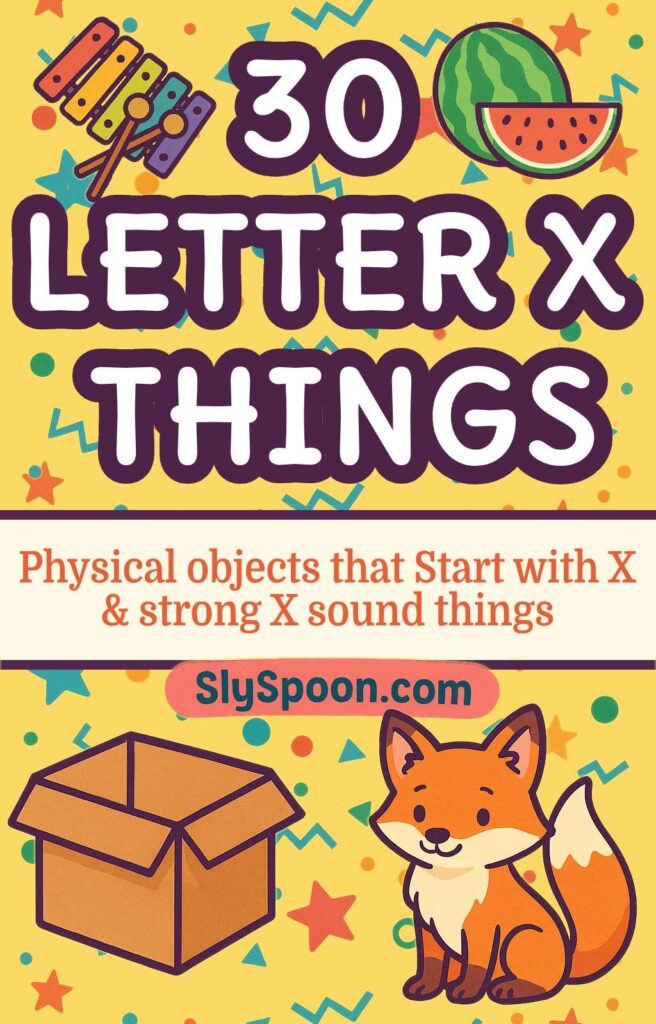 Bright and playful educational graphic for preschool and toddler learning featuring the letter X. Includes colorful illustrations of a xylophone, xigua (watermelon), a fox, and a box — perfect for introducing real "X" words and strong "X" sound words. Great for teachers, homeschoolers, and parents doing a letter of the week or phonics activity. Created by SlySpoon.com to help make learning fun and accessible for young children.