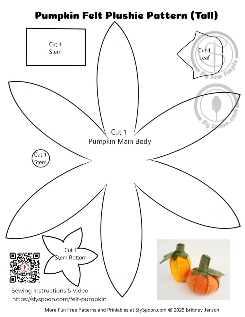 Free Printable Tall Felt Sewing Pumpkin Pattern with QR code for video sew along