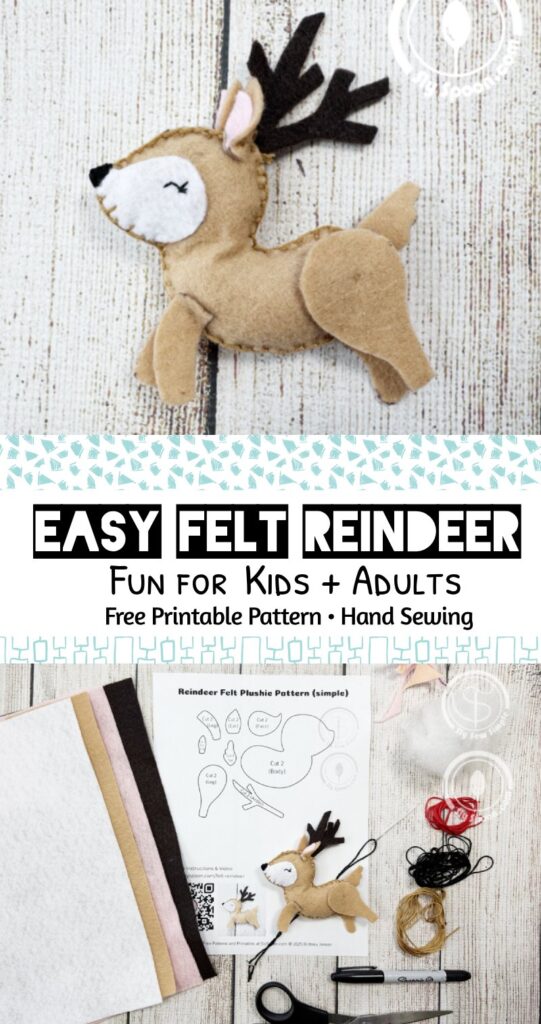 Finished felt reindeer plushie ornament – handmade Christmas decoration made with free sewing pattern.