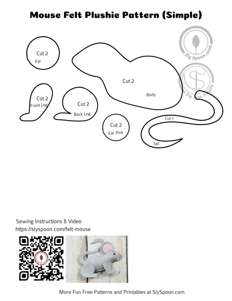 Free Printable Pattern for an Easy Beginner Friendly Felt Mouse or Rat sewing projects for kids and adults with QR code and video sewing instructions
