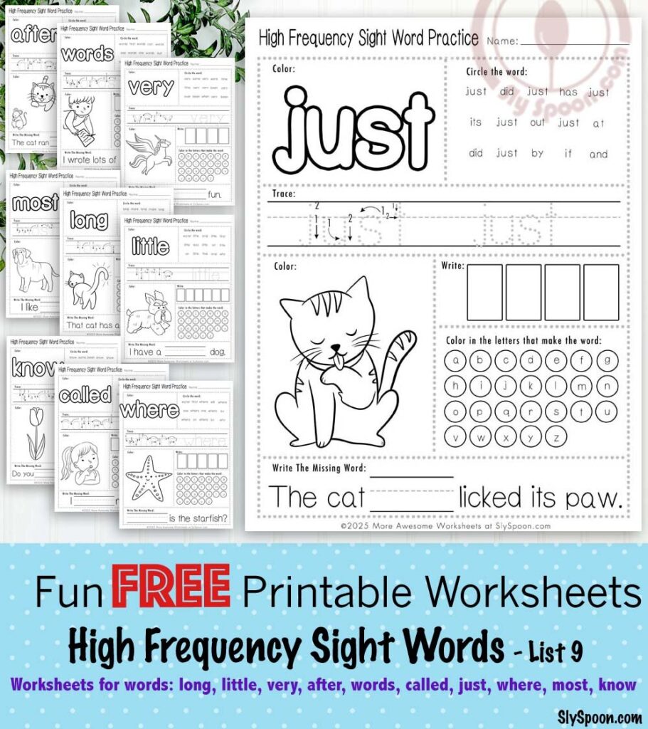 Discover a fun way to help your little ones learn sight words with our free printable High Frequency Sight Word worksheets! #SightWords #Kindergarten #FreePrintables #EarlyLiteracy #LearningFun #Homeschooling #TeachingResources #sightwordworksheets #sightwordpictures Free Printable High Frequency Sight Word Worksheets Long, Little, Very, After, Words, Called, Just, Where, Most, Know