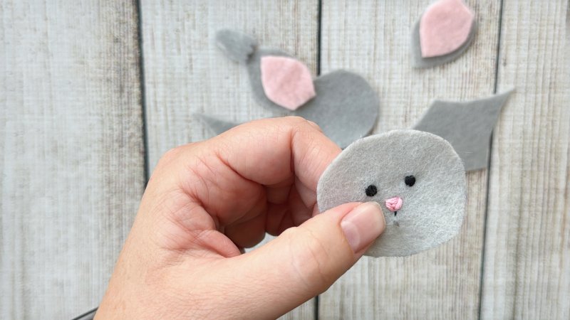 Felt bat nose and back stitch for the mouth